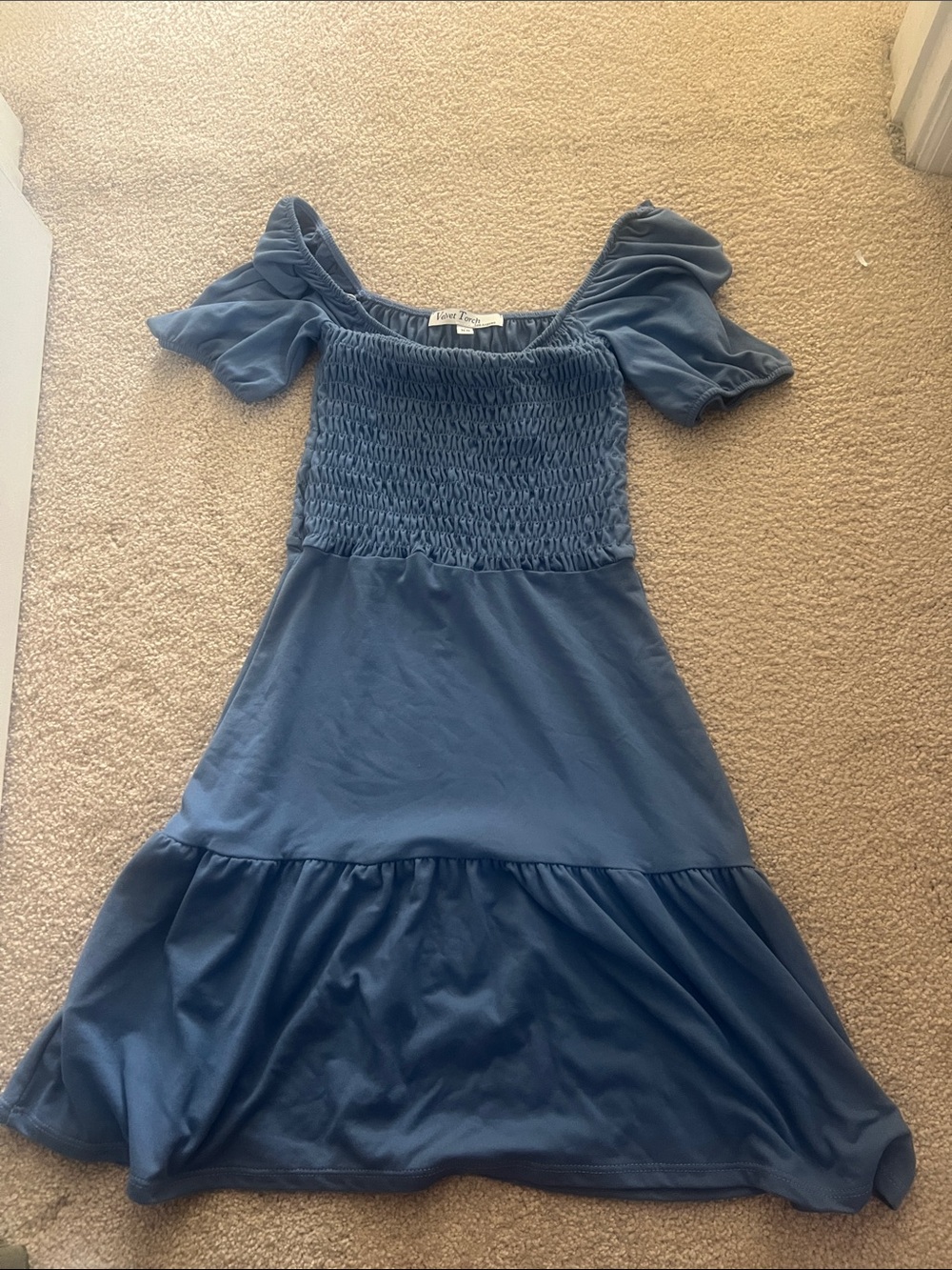 Blue Smocked Puff Sleeve Midi Dress velvet torch
